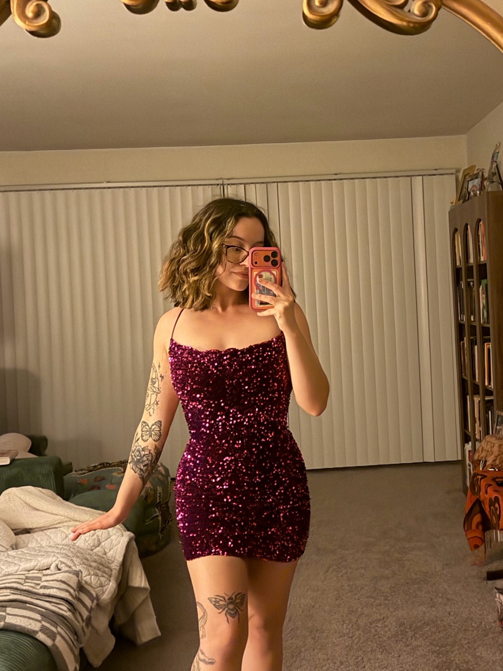 Sequined magenta Mini Dress with Spaghetti Straps